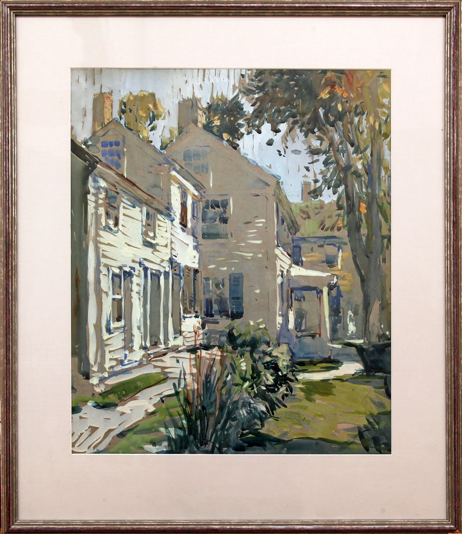 Attrib. to W. Lester Stevens (1888-1969) Houses: Attrib. to W. Lester Stevens (1888-1969) Houses gouache, 17 x 14 in., unsigned framed size: 23.5 x 20 x 1 in.