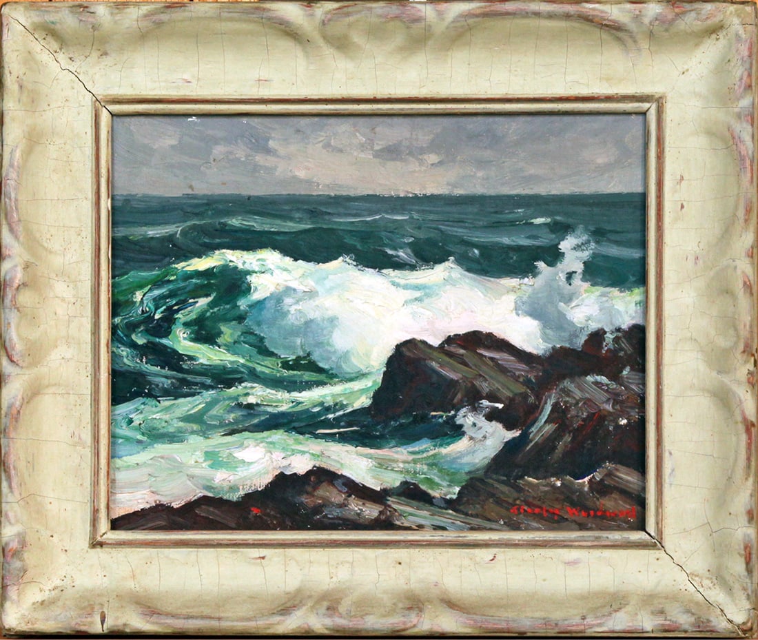 Stanley W. Woodward (1890-1970) Pounding Surf: Stanley W. Woodward (1890-1970) Pounding Surf oil on canvas panel, 8 x 10 in., signed l.r. framed size: 11.5 x 13.5 x 1.5 in.