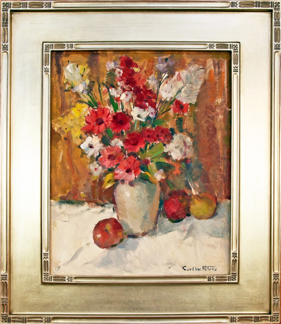 Carl W. Peters (1897-1980) Gay's Flowers: Carl W. Peters (1897-1980) Gay's Flowers oil on canvas panel, 20 x 16 in., signed l.r. framed size: 28 x 24 x 1.25 in.
