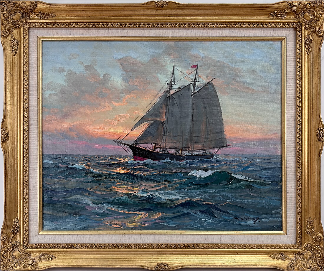 Charles Vickery (1913-1998) Sunset Schooner at Sea (1 of 3)