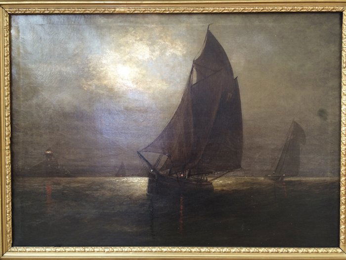 Wesley Webber, "Moonlight Sail": Artist: Wesley Webber Title: Moonlight Sail Date: 1841-1914 signed Medium: oil on canvas Size: 26.25 x 36.25