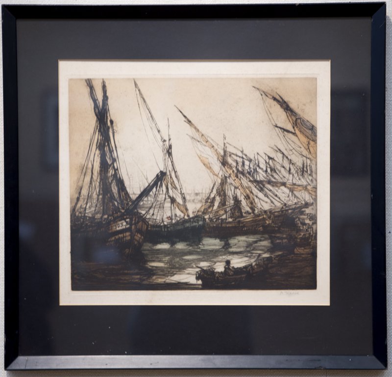Anthony Thieme, "Ships in Harbor": Artist: Anthony Thieme Title: Ships in Harbor Date: 1888-1954 signed Medium: hand colored etching Size: 12.5 x 14.5