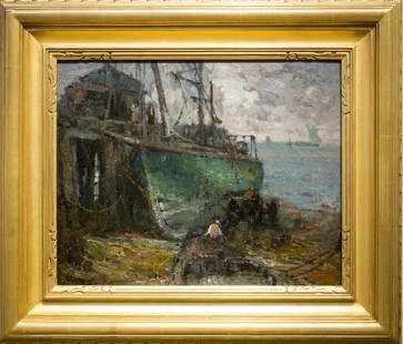 Harry A. Vincent , " Provincetown Boat Work": Artist: Harry A. Vincent Title: Provincetown Boat Work Date: 1864-1931 Signature: signed (L.L.) Medium:oil on canvas Size:16 x 20 Notes:(previously shown in RAA&M's Harry A. V