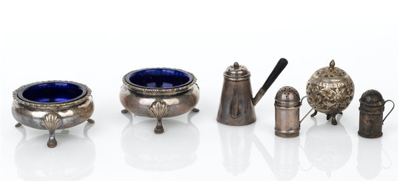 Collection of Silver Table Accessories: comprising a pair of cauldron salt cellars with blue plastic inserts, Martin Hall and Co. Sheffield, 1887 and 1905, together with four assorted miniature pepper shakers, three with marks (6)