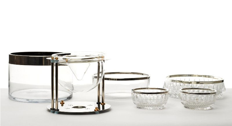 Secessionist Style Chrome and Brass Caviar Serving: together with five silver rimmed bowls of various sizes, two plain bodied and three cut glass (6) The Barbara Sheridan Donnay and the Late Gilbert J. Donnay Collection