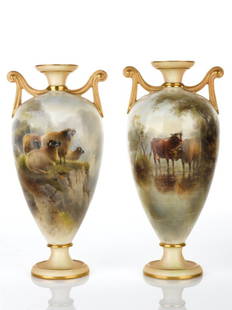 John Stinton Pair of Royal Worcester Vases: one depicting Highland Cattle the other Shetland Sheep, artist signed, blue stamped maker's mark, and 962/C diameter 21 cm