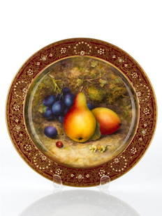 R. Sebright Four Royal Worcester Cabinet Plates: each depicting lush fruit including raspberries, yellow plums, grapes, strawberries and nectarines Artist signed, red stamped maker's mark, 'Specially made for Asprey's, C1864BT/ WS (4) diameter 21.5c