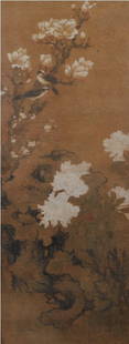 19th Century Chinese Flower Scroll: watercolour on silk depicting sparrows among blossoming branches The Barbara Sheridan Donnay and the Late Gilbert J. Donnay Collection 128 x 49 cm