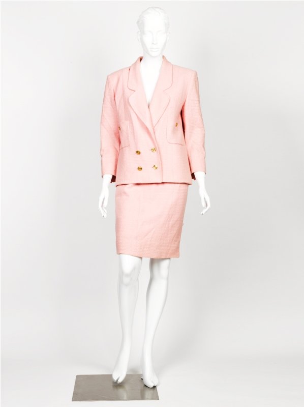 Chanel Pink Skirt Suit: Chanel Pink Skirt Suit of double breasted design with gold decorative buttons, two front pouch pockets w/ buttons, together with a pink mid-length straight skirt, side zipper closure, fully lined, lab