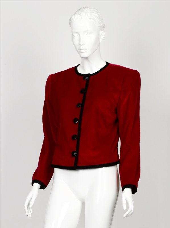 Yves Saint Laurent Red Cord Blazer: Yves Saint Laurent Red Cord Blazer of collarless design with black trim detailing, six black decorative button closure, labelled 'Saint Laurent Rive Gauche', made in France Size 40