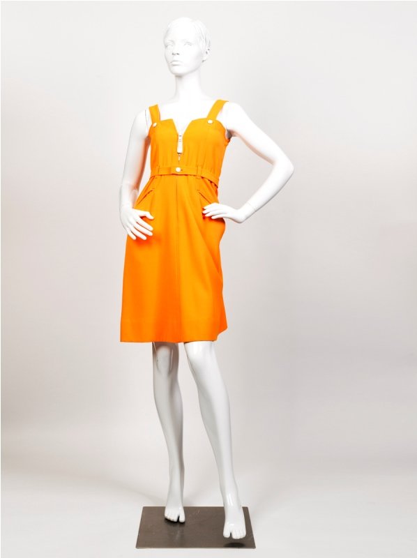Courrèges Fluorescent Orange Crepe Wool Dre: Courrèges Fluorescent Orange Crepe Wool Dress, c. 1965 of fitted A-line design, white decorative button detailing with oversized white zipper detailing at centre front, concealed zip closure do