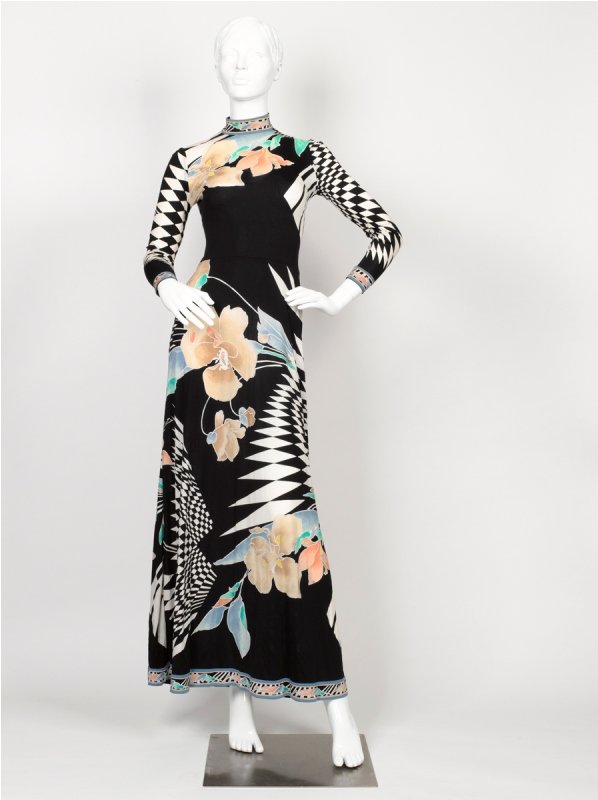 Leonard Floor Length High Neck Dress: Leonard Floor Length High Neck Dress of black, white and floral design, high neck, centre back zip fastening, textile signed 'LEONARD' within print, labelled Leonard made in Paris
