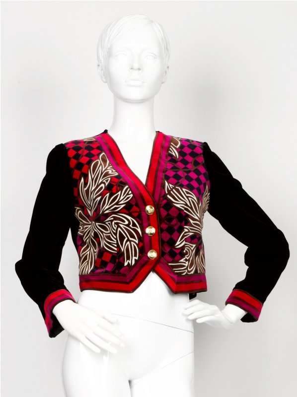 Emilio Pucci Black and Abstract Cotton Velvet Jack: Emilio Pucci Black and Abstract Cotton Velvet Jacket of collarless design, centre front three button decorative closure, fully lined, textile signed 'Emilio Pucci' within geometric print, labelled Emi