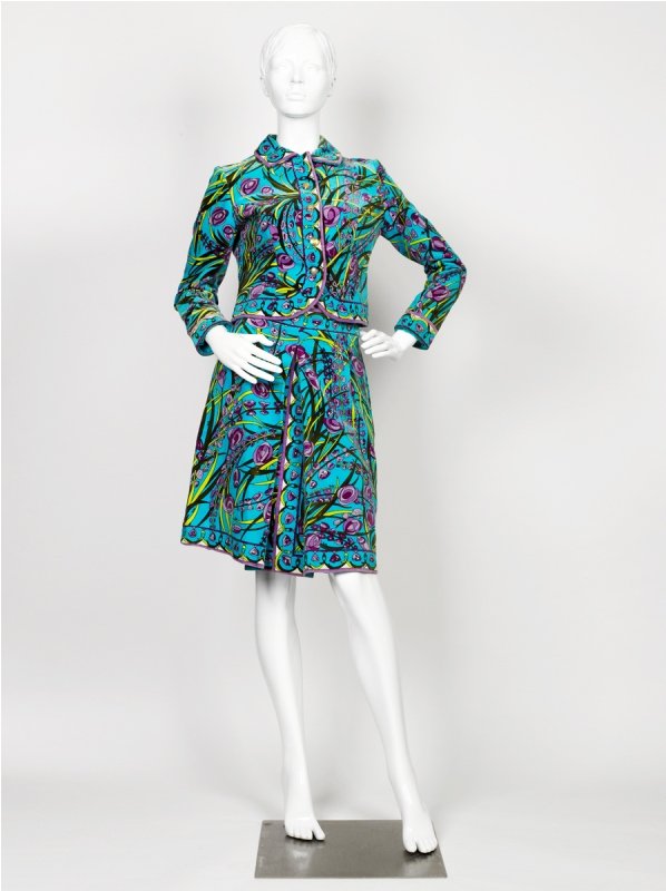 Emilio Pucci Cotton Velvet Skirt Suit: Emilio Pucci Cotton Velvet Skirt Suit each in blue, purple and green geometric print, the jacket w/ centre front four decorative button closure, the skirt of mid-length, side zipper closure, fully lin