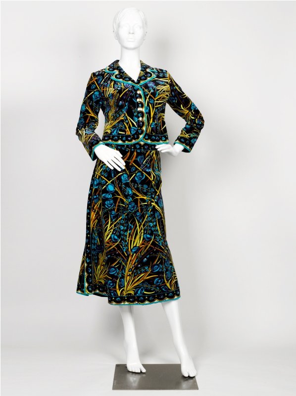 Emilio Pucci Cotton Velvet Skirt Suit: Emilio Pucci Cotton Velvet Skirt Suit each in black, blue and purple geometric print, the jacket w/ centre front four decorative button closure, the skirt of mid-length, back zipper closure, fully lin