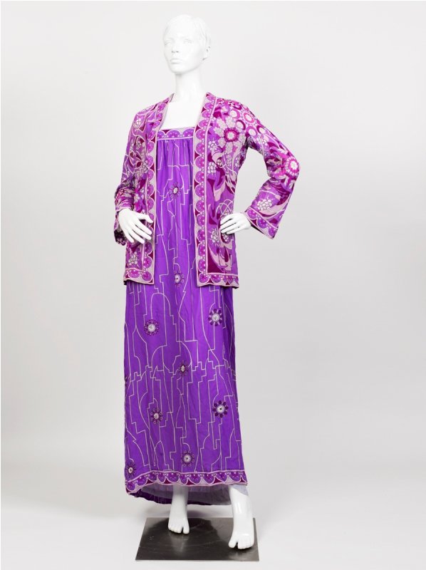 Emilio Pucci Purple Dress and Jacket: Emilio Pucci Purple Dress and Jacket fully lined, each textile signed 'Emilio Pucci' within print, labelled Emilio Pucci made in Italy (2)