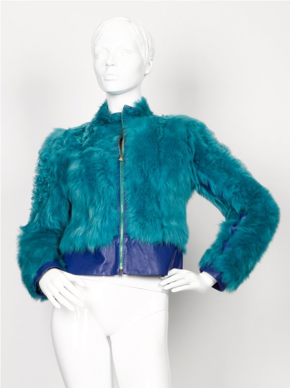 Versace Blue Faux Fur Bomber Jacket: Versace Blue Faux Fur Bomber Jacket with purple leather trim and detailing, centre front zipper closure, fully lined, labelled 'Versace Jeans Couture' Marked Size S