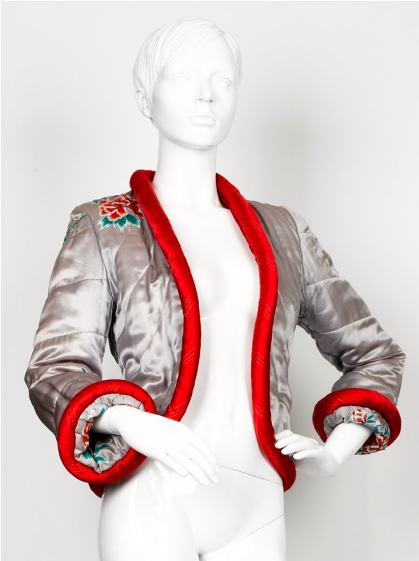 Eliza Wang Oyster and Red Silk Jacket: Eliza Wang Oyster and Red Silk Jacket with printed floral accents with red rolled collar and cuff detailing, labelled 'Oriental Beauty' by Eliza Wang
