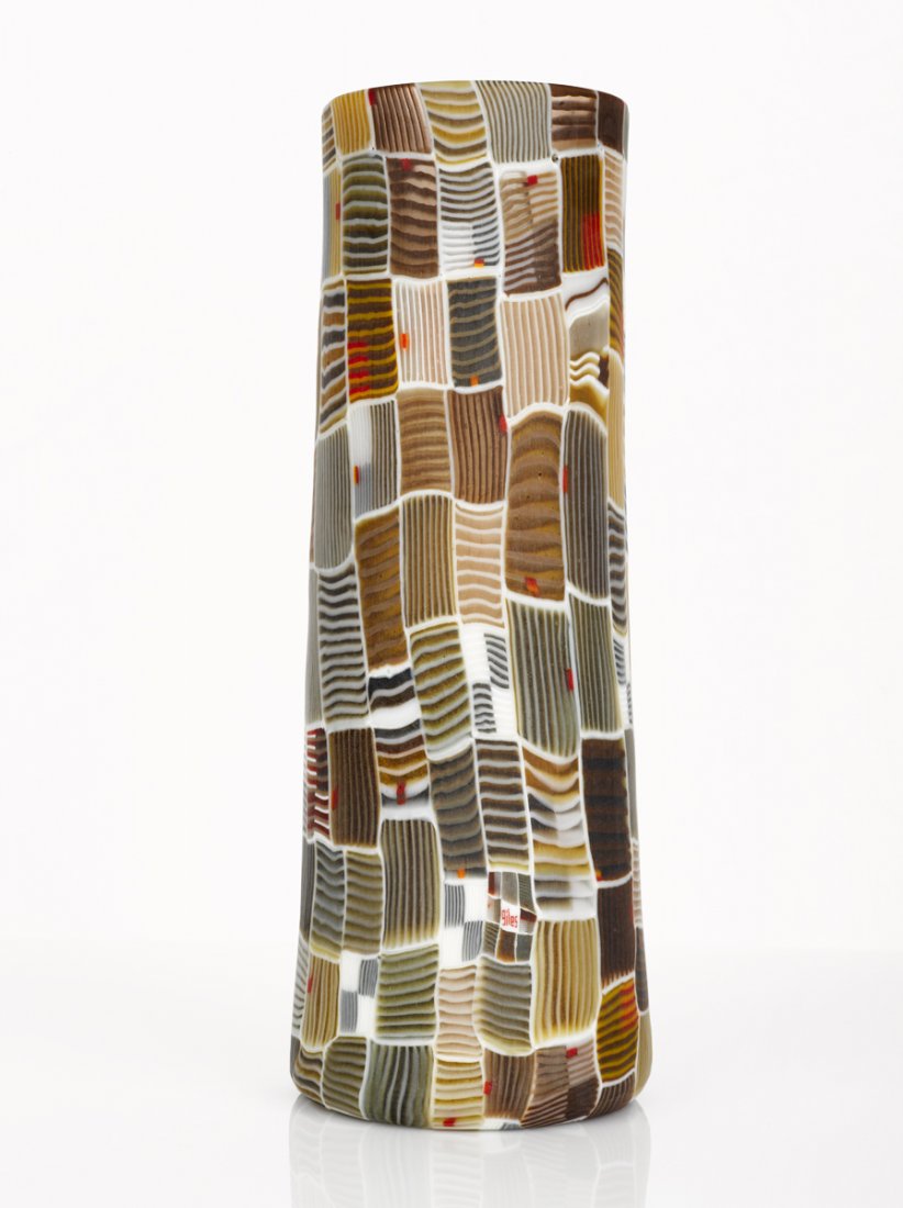 Giles Bettison Murrini Glass Vessel: Giles Bettison Murrini Glass Vessel with geometric glass pattern in colours of blue, green, brown and red Purchased from Axia Modern Art, Armadale Victoria height 33.5 cm
