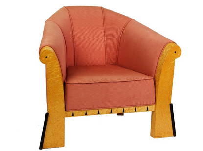 Michael Graves Chair: Michael Graves Chair c. 1985, America, maple veneer over hardwood frame with ebonized marquetry accents, ribbed coral coloured upholstery, stamped 'Sawaya & Moroni Graves Collection, design M