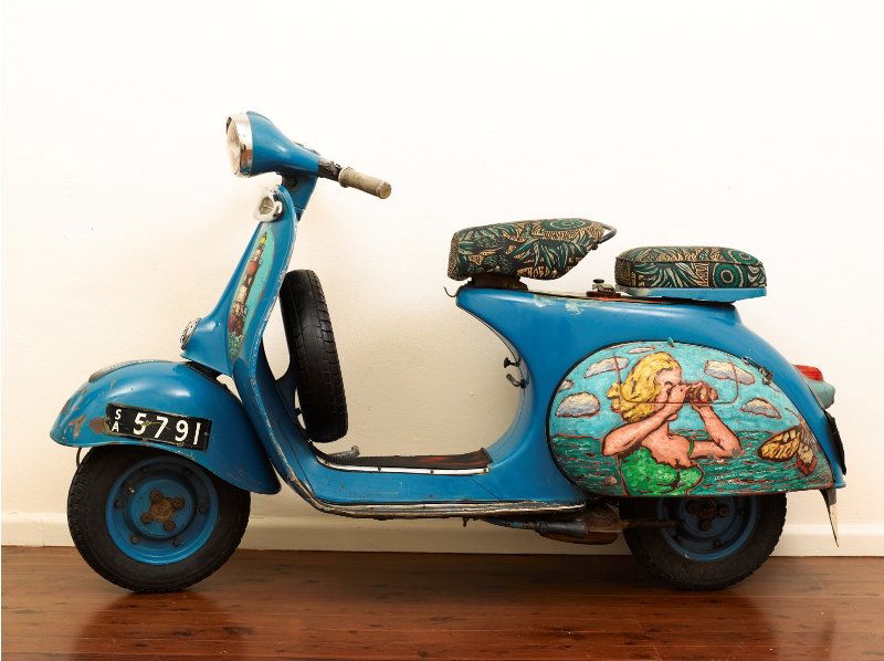 David Bromley (b.1960) Hand Painted Vespa 150 Scoo: David Bromley (b.1960) Hand Painted Vespa 150 Scooter side wheel hubs painted with lighthouse and women Jan Murphy Gallery, QLD, Private Collection, Sydney