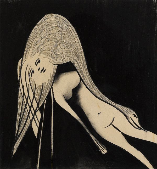 Mirka Madeleine Mora (b. 1928): Figure and Bird 1967, pencil, pen, ink and wash on paper, signed and dated lower centre 'Mirka 67', Measurements: 25 x 23.5 cm, Provenance: Private Collection, Sydney