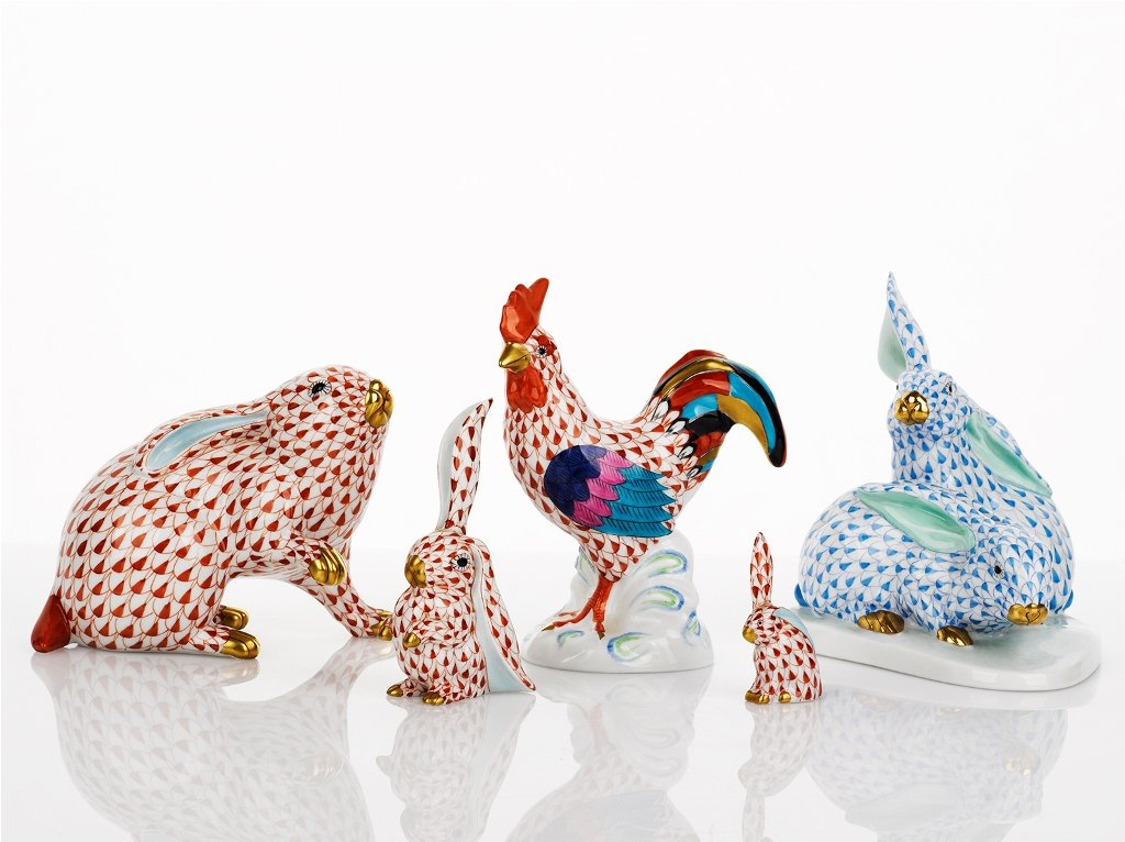 Herend, Four Porcelain Rabbits and a Cockerel: Herend, Four Porcelain Rabbits and a Cockerel all with hand painted fishnet pattern and detailed with twenty four carat gold accents (5) The Estate of the late Lady Walton