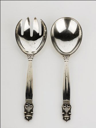 Johan Rohde, Silver Acorn (Konge) Pattern Serving: Johan Rohde, Silver Acorn (Konge) Pattern Serving Spoon and Fork impressed mark 925, Georg Jensen Sterling, Denmark weight 167 grams