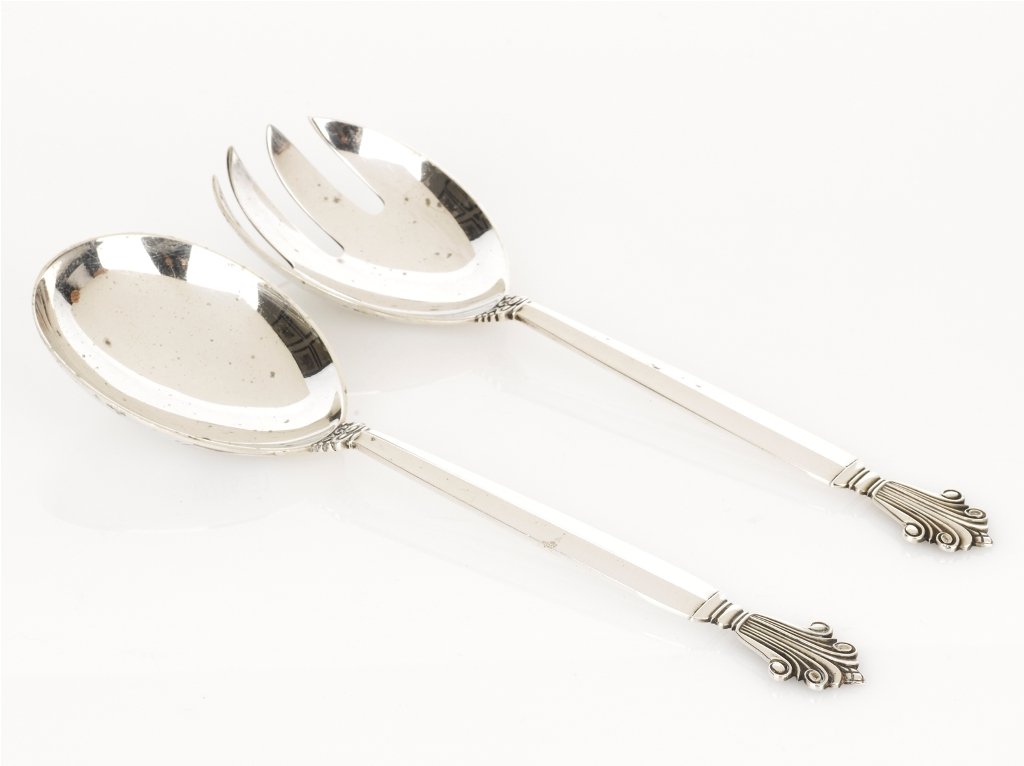 Johan Rohde, Silver Acanthus Pattern Serving Spoon: Johan Rohde, Silver Acanthus Pattern Serving Spoon and Fork impressed mark 925, manufactured by Georg Jensen, Sterling, Denmark weight 138 grams