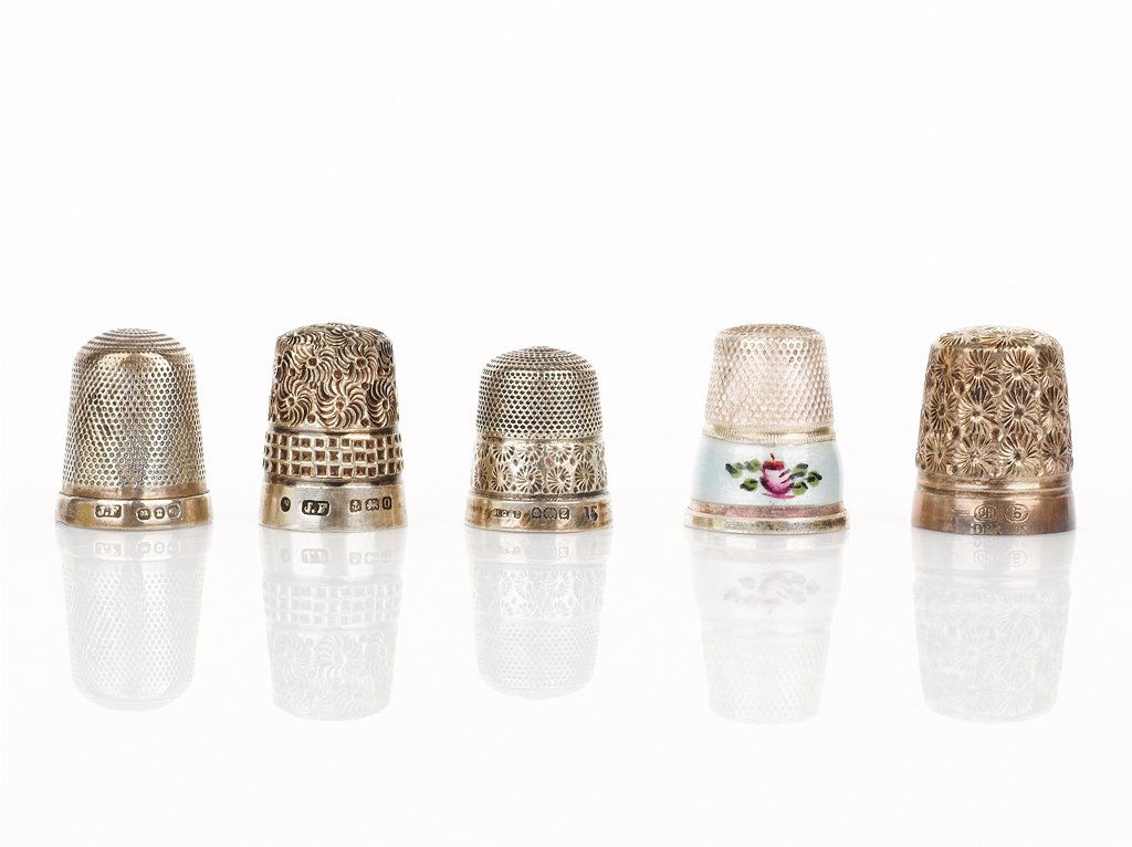 Five Sterling Silver Thimbles: Five Sterling Silver Thimbles Henry Griffith and Sons, Birmingham 1925, The Dorcas, Charles Horner c. 1905 in box, James Fenton, Birmingham 1894, James Fenton, Birmingham 1913, Lotthammer-Eber Pfzorzh
