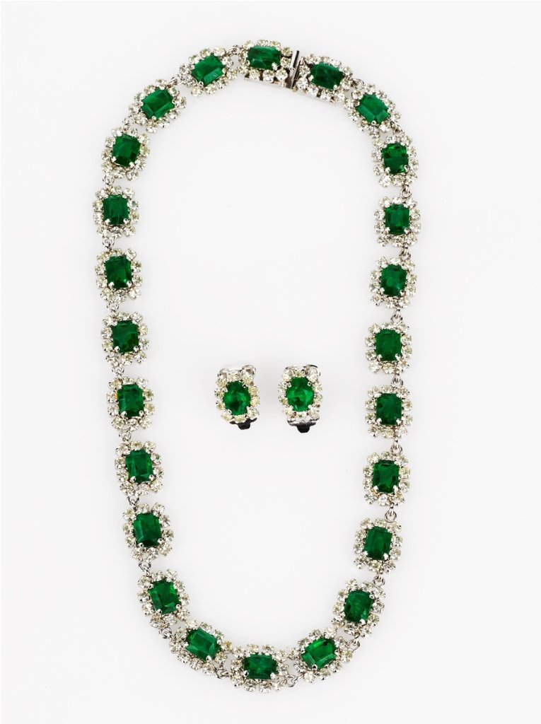 Christian Dior, Paste Necklace and Earrings: Christian Dior, Paste Necklace and Earrings necklace having twenty-four paste emerald and diamond clusters, box clasp, stamped 'CHR.DIOR' with matching clip on earrings, signed (3)
