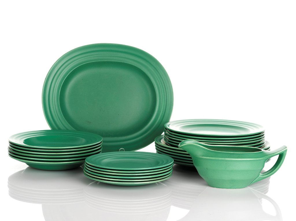 Keith Murray, Dinner Set: Keith Murray, Dinner Set comprised of six dinner plates, six entrée plates, six side plates, six soup bowls, serving platter and gravy boat, manufactured by Wedgwood all with impressed and printed ma