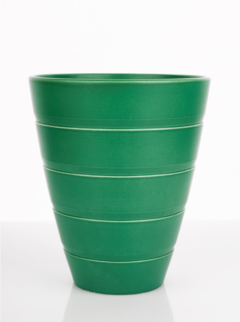 Keith Murray, Moonstone Vase: Keith Murray, Moonstone Vase tapering cylindrical body, ribbed decoration, manufactured by Wedgwood, painted and impressed marks 'Keith Murray Wedgwood, made in England, Matt Green', vase 3842 height