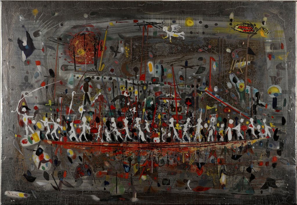 Bernard Hesling (1905-1987), The Children of Israe: Bernard Hesling (1905-1987), The Children of Israel Went Walkabout 1970 vitreous enamel on metal, signed and dated l.l.c. 'Hesling, 70' 57 x 83 cm