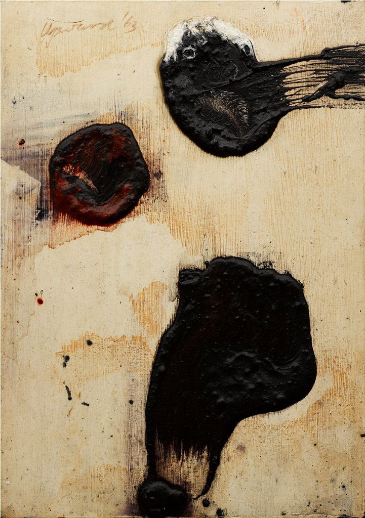 Peter Upward (1932-1984), Point-Blank 1963: pva on board, signed and dated u.l.c. 'Upward '63', titled and signed on verso 'POINT-BLANK PETER UPWARD' 60.5 x 45.5 cm Mayor Rowan Gallery, London, Charles Nodrum Gallery, Melbourne, Private Collect