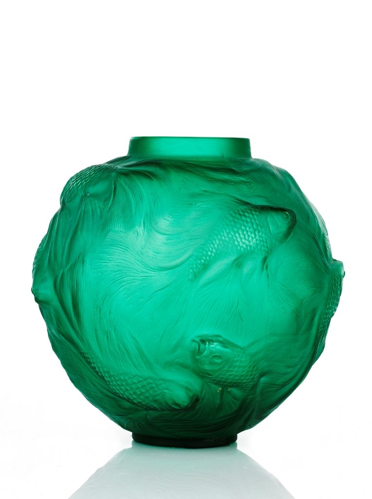 Rene Lalique, Formose Vase no. 934: cased green glass, decorated with swimming fish, etched in script 'R Lalique France', (A/F) height 16.5 cm REFERENCE Chiparus, Lalique and the Decorative Arts, Bonhams, New Bond Street, London, 14 Nov
