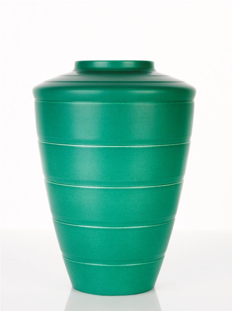 Keith Murray, Shoulder Vase, c. 1935: shape number 3805, matt green glaze, printed and impressed mark in script 'Keith Murray', manufactured by Wedgwood height 28 cm