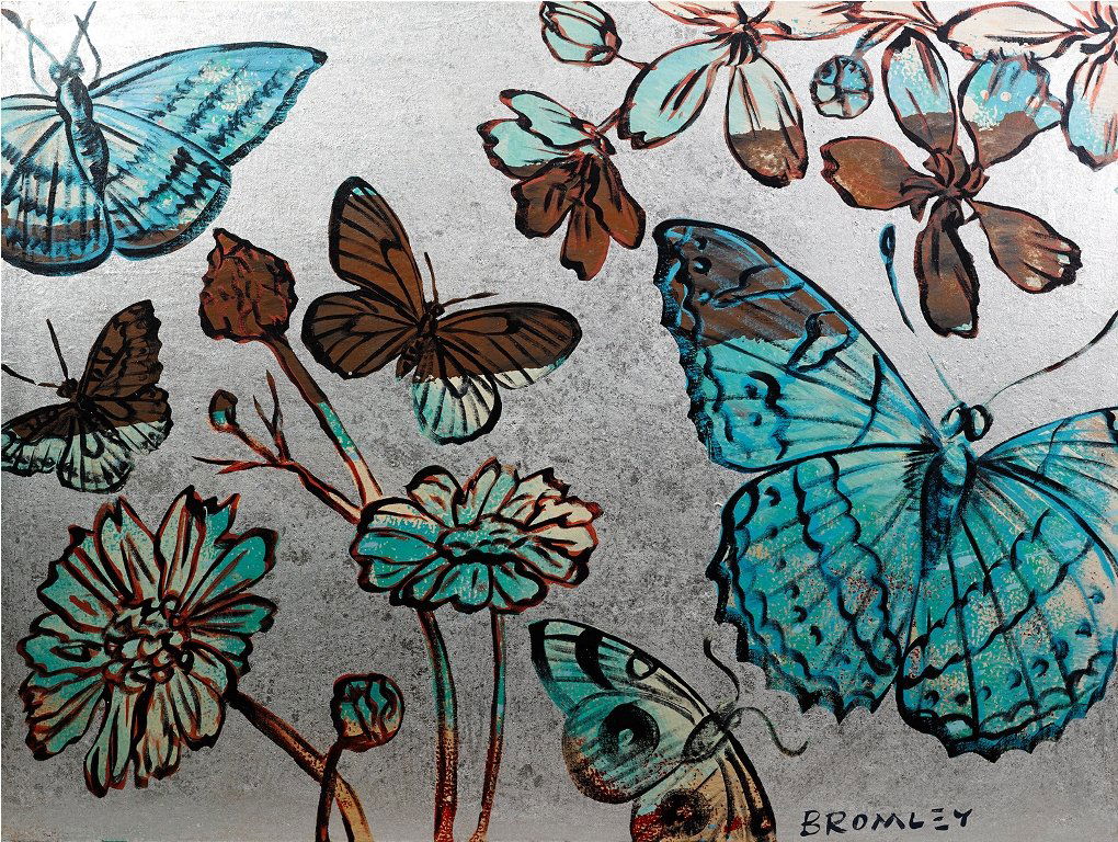 David Bromley (b. 1960), Butterflies & Flowers: synthetic polymer paint on canvas, signed l.r.c. 'Bromley' 90 x 120 cm