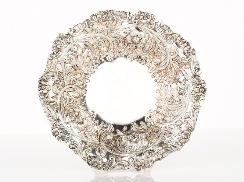 Charles Stuart Harris, London 1889, Victorian Sterling : Charles Stuart Harris, London 1889, Victorian Sterling Silver Sweet Dish shaped border, profusely engraved with scrolls and flowers diameter 24cm weight 276 grams