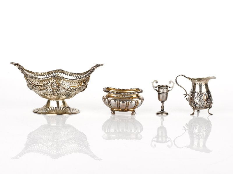 Charles Stuart Harris, London, 1895, Sterling Silver Bo: Charles Stuart Harris, London, 1895, Sterling Silver Bon Bon Dish pierced Adam style, together with miniature milk jug, William Davenport, Birmingham, 1904 and a sterling silver salt cellar, Chester 1