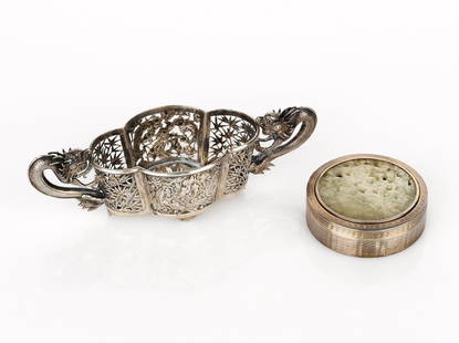 Chinese Export Silver Two Handled Dish: Chinese Export Silver Two Handled Dish pierced decoration and dragon handles, together with a continental silver early 19th Century box, the top with jade tablet, pierced decoration (2)