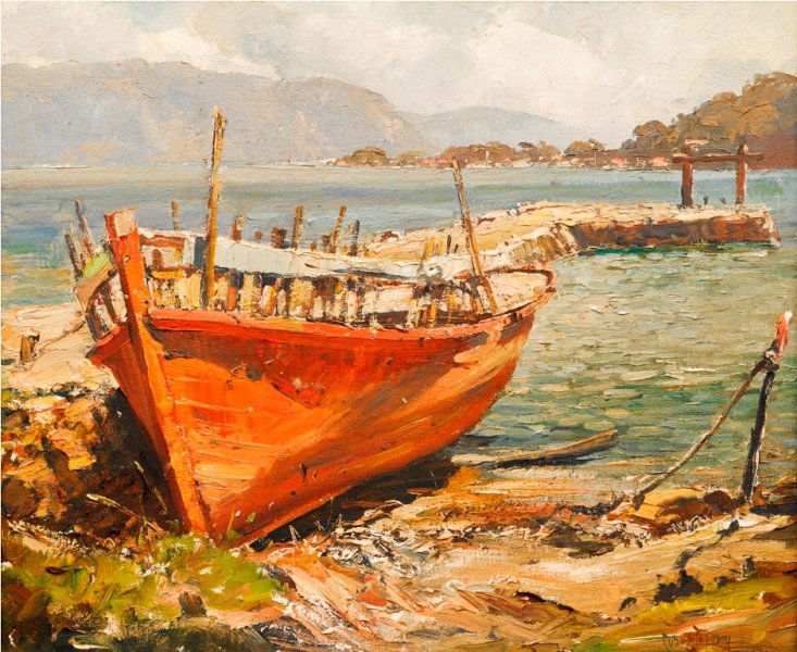 Robert H. Johnson (1890-1964), The Red Boat: Robert H. Johnson (1890-1964), The Red Boat oil on canvas on board, signed l.r.c. 'Robert Johnson', titled on verso 'THE RED BOAT' 36.5 x 44cm