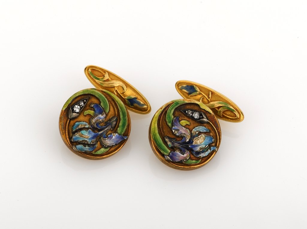 Gold Enamel and Diamond Cufflinks: Gold Enamel and Diamond Cufflinks 18ct yellow gold, decorated with enameled Iris, each set with two old mine cut diamonds (2) weight 9 grams