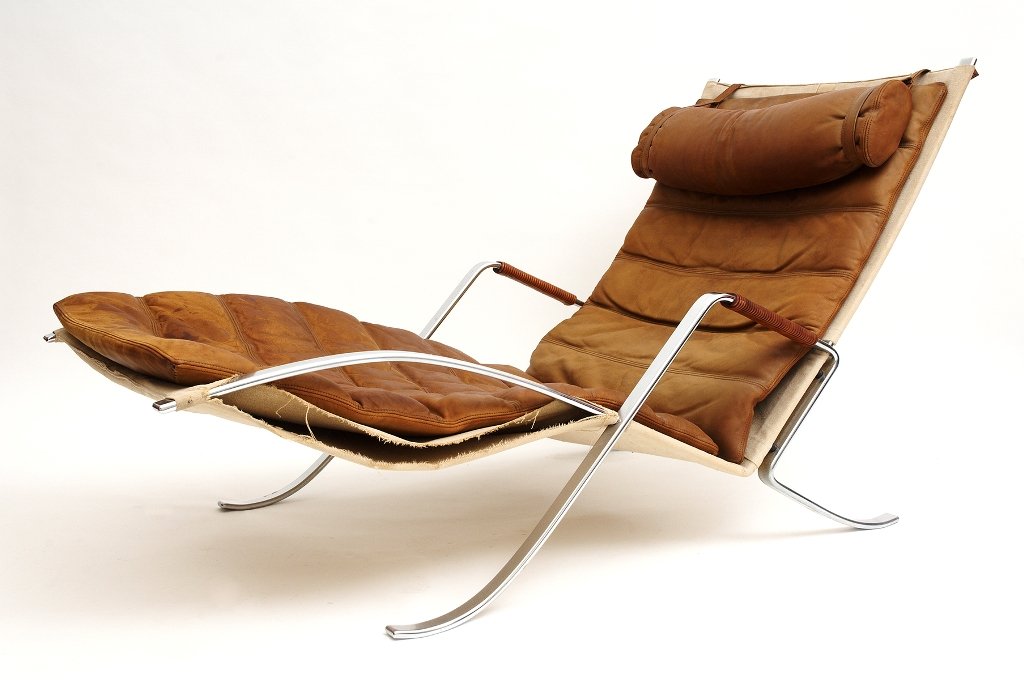 Preben Fabricius and Jorgen Kastholm, Grasshopper Loung: Preben Fabricius and Jorgen Kastholm, Grasshopper Lounge Chair, c. 1968 chrome-plated steel, tan leather upholstery, canvas, manufactured by Alfred KillDenmark/Germany height 82cm length 153cm depth 7