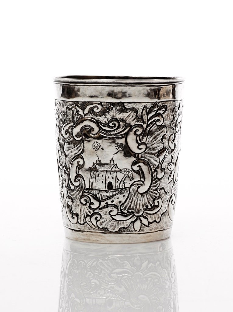 Russian Silver Beaker, Moscow c. 1750: Russian Silver Beaker, Moscow c. 1750 decorated with 3 reserves depicting a horse, a plant and a manor, surrounded by profusely chased rococo scroll and foliate motifs, maker's mark of Grigory Serebry