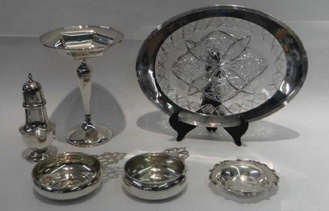 6 STERLING TABLE ARTICLES: COMPOTE,CRYSTAL PLATTER (1 of 10)