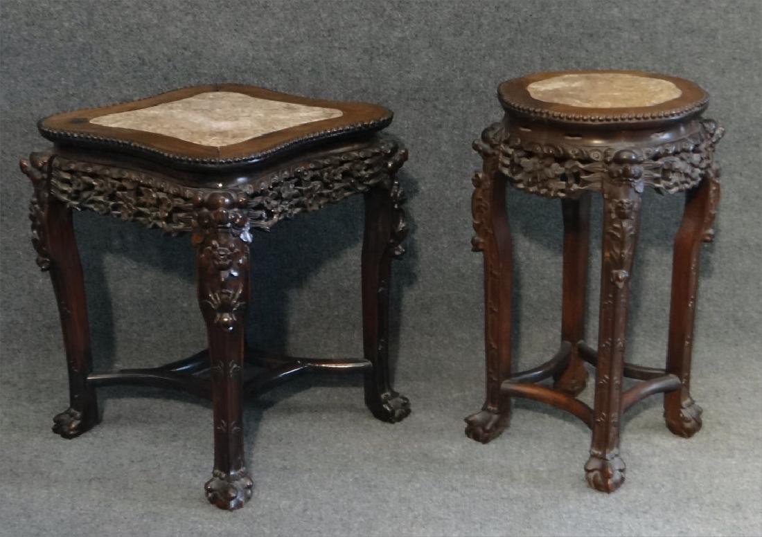 2 CARVED TEAKWOOD ORIENTAL STANDS W/ MARBLE (1 of 7)