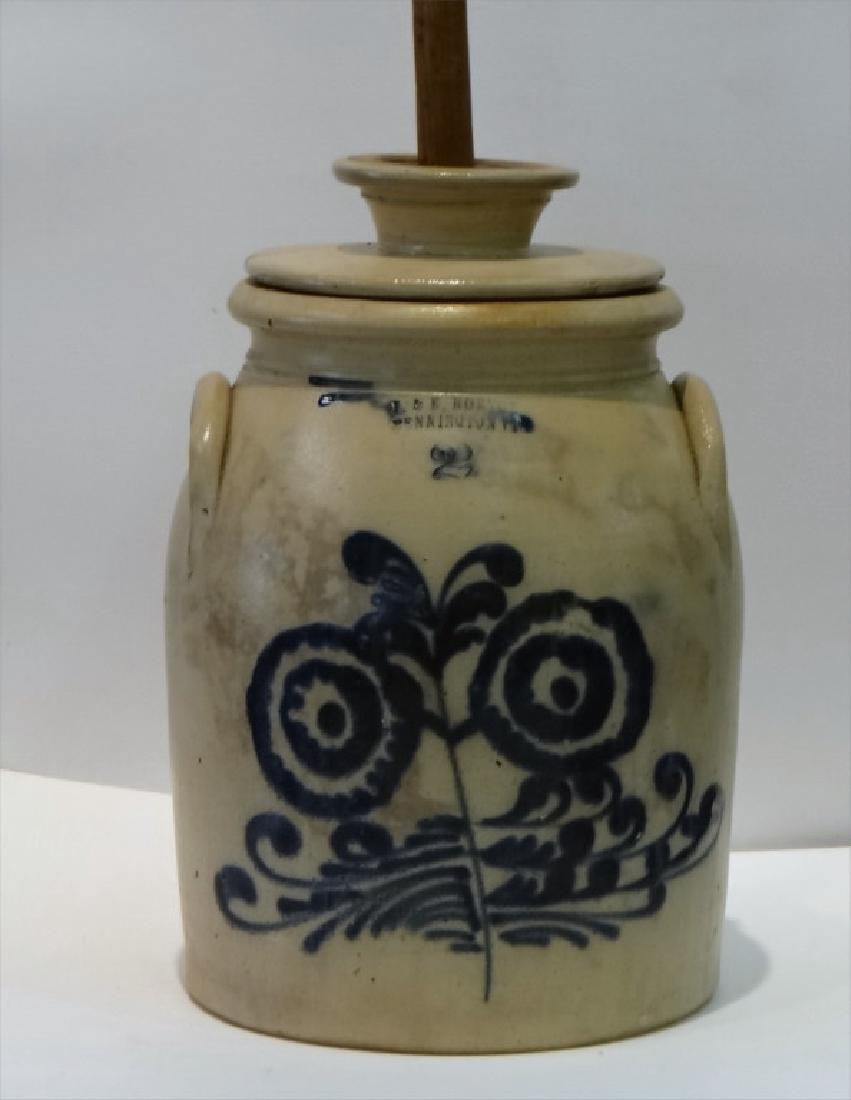 2 GAL. STONEWARE CHURN W/ COBALT DOUBLE FLOWER (1 of 4)