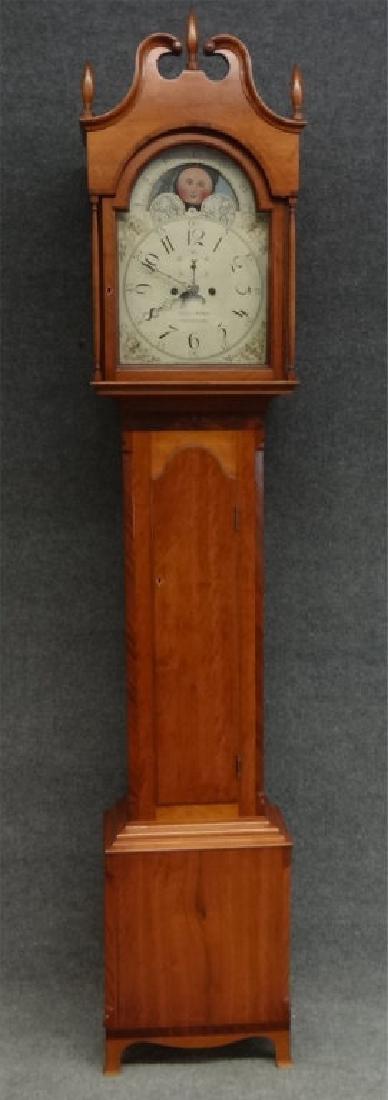 ISAAC REED CHERRY TALL CASE CLOCK C.1820: ISAAC REED CHERRY TALL CASE CLOCK C.1820 MOON PHASE DIAL, FRANKFORD , PHILA. PA PROV. BARGES CT, COMPLETE W/ PENDULUM & WEIGHTS (94" X 18" X 10 1/2" )