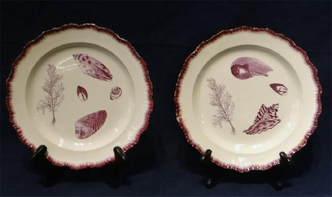 PR OF 8 1/4" CREAMWARE FEATHER EDGE PLATES: PR OF 8 1/4" CREAMWARE FEATHER EDGE PLATES W/ MAGENTA DEC. & IMPRESSED MARK, PROB LEEDS, ENGLAND